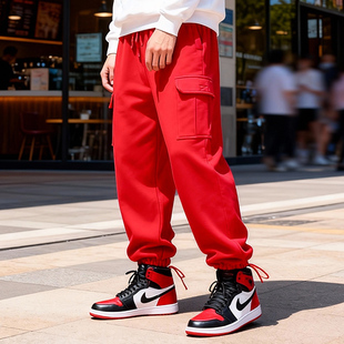 松街舞长裤 男女休闲裤 秋冬绒裤 日系复古红色宽松可调节束脚卫裤