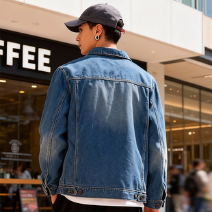 美式 复古风牛仔外套男宽松街头潮牌夹克蓝色水洗休闲牛仔上衣