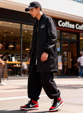 日系工装风黑色棒球服棒球衫夹克男宽松长款拉链外套男外套