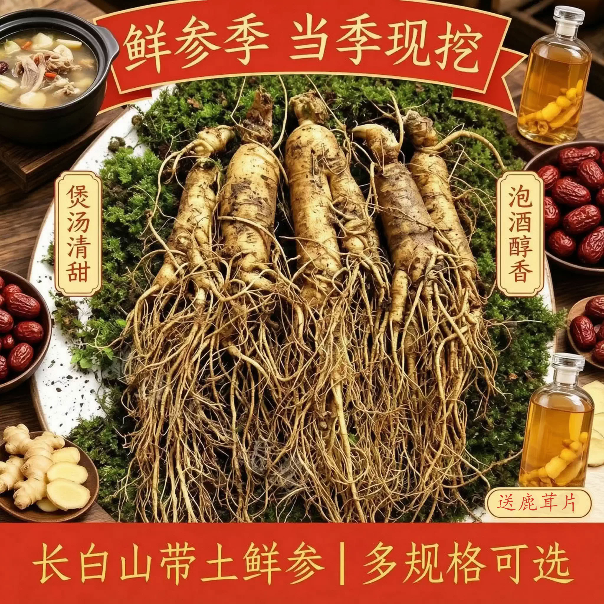 长白山现挖新鲜带土特大鲜人参500g1斤 正宗东北人参泡酒煲汤人参