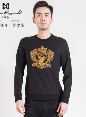 玛路男装/MAURO柔软弹力/时尚烫钻立体绣花长袖圆领T恤MK332307