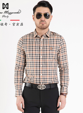 玛路男装/MAURO秋冬色织格图案休闲长袖衬衫/柔软弹力MJ321012
