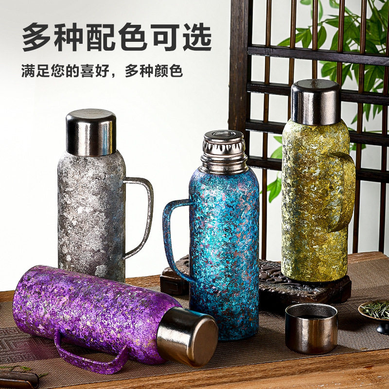 900ML热水壶内外纯钛保温壶带手柄磁吸盖钛杯大容量水壶