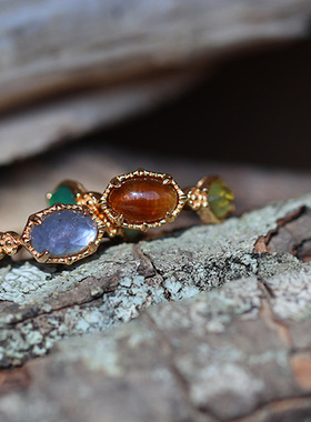 agete风14k黄金复古琥珀天然玛瑙绿水晶和堇青石水晶宝石多宝戒指