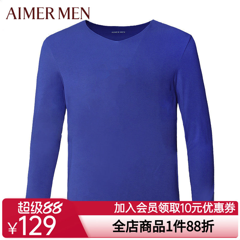 aimer men爱慕先生15AW惬意无痕纯色V领长袖薄款男内衣上衣72M81