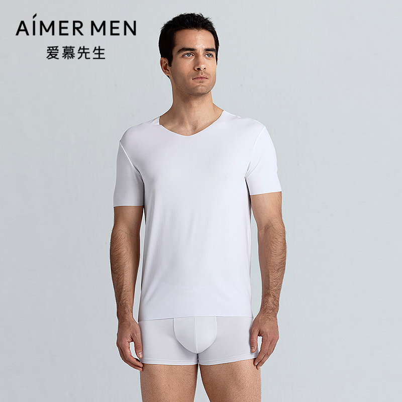 爱慕先生男士纯色春夏打底60支莫代尔净痕上衣V领短袖NS12U54