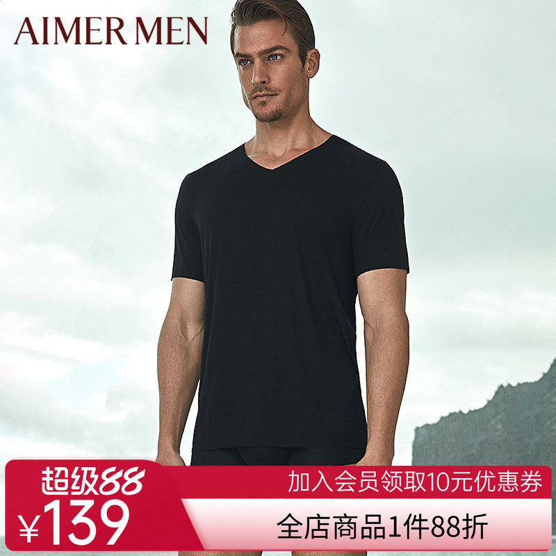 爱慕先生品牌莫代尔网眼无痕随心裁性感V领男士短袖T恤12A021