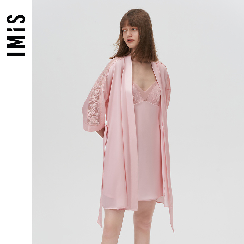爱美丽IMIS商场睡衣女秋冬丝感刺绣蕾丝开衫七分袖睡袍IM48BKF1