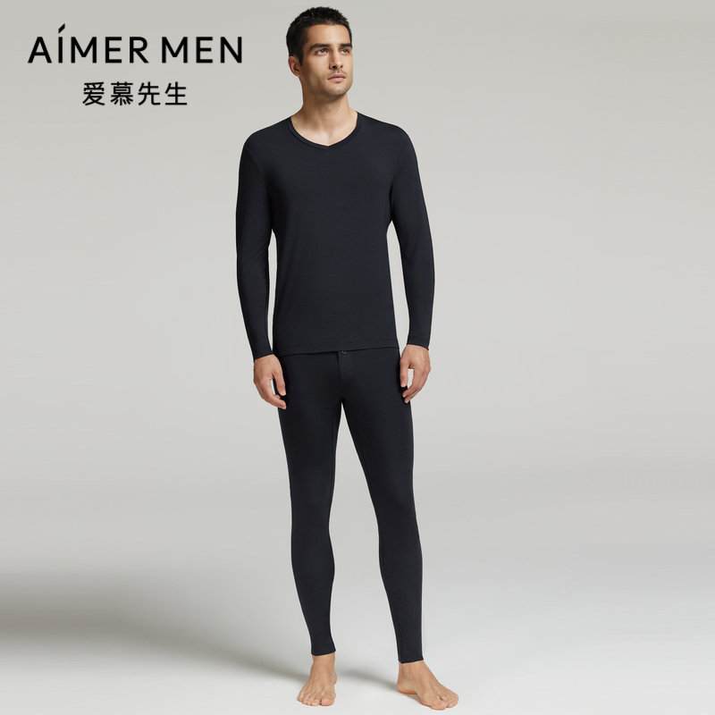 爱慕先生24AW沁润轻暖男士秋冬薄款V领长袖长裤保暖套装NS74K461