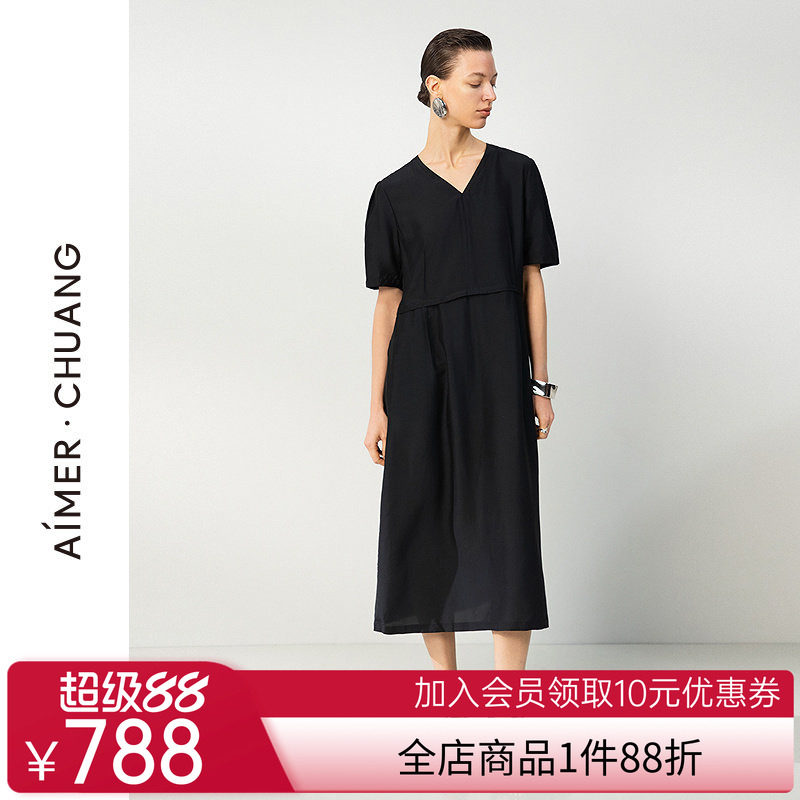 爱慕·CHUANG沐夏25年女士含桑蚕丝V领短袖外穿连衣裙CA841811
