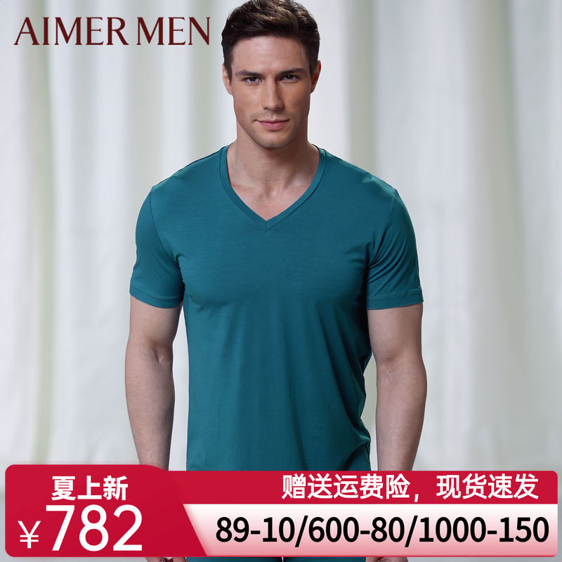 爱慕先生品牌红品莫代尔薄款柔软V领男士短袖T恤上衣12354