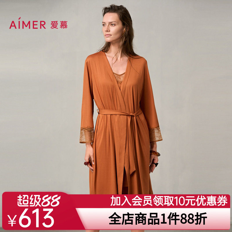 爱慕梦远星河睡衣女秋冬薄款蕾丝晨袍莫代尔睡袍AM48A041