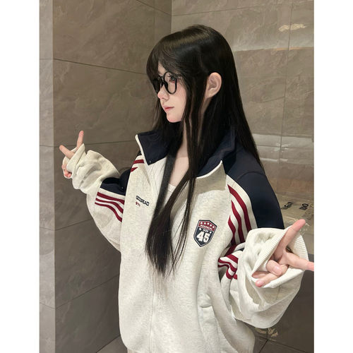 条纹立领卫衣外套女秋冬学院风