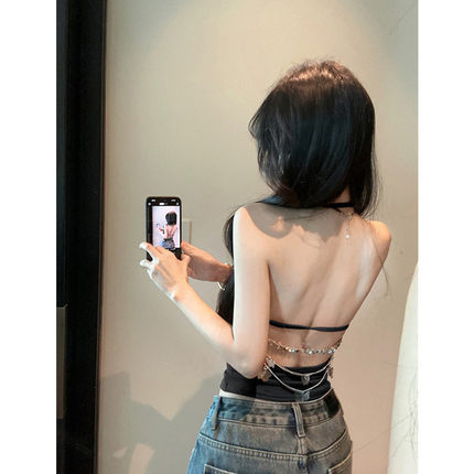 大露背蝴蝶链条辣妹纯欲风性感吊带背心女带胸垫修身收腰打底上衣