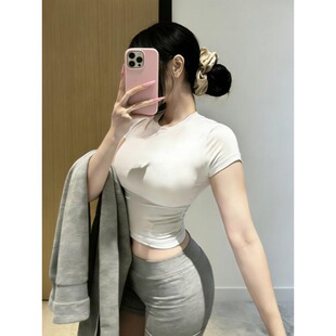 高弹运动瑜伽健身跑步训练短袖T恤女圆领正肩夏短款打底百搭上衣