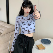 防晒上衣ins潮 t恤女夏修身 泫雅风蝴蝶印花网纱打底衫 复古内搭长袖