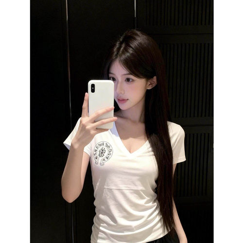 印花V领辣妹正肩短袖T恤女夏季