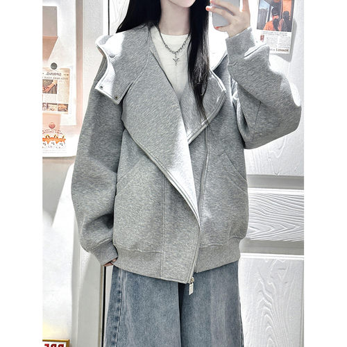灰色连帽卫衣外套女宽松设计感