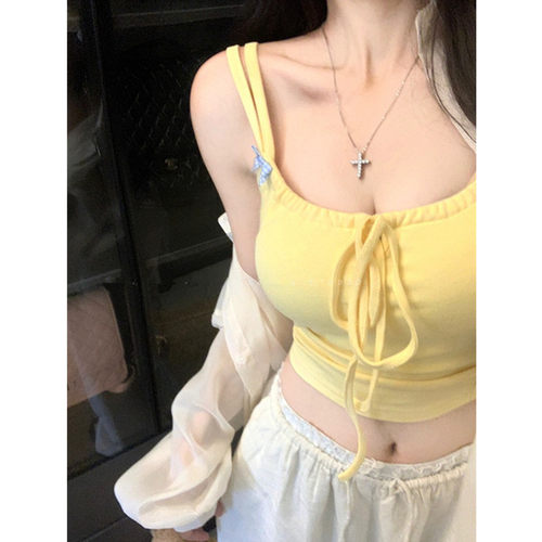 黄色辣妹抽绳吊带带胸垫蝴蝶结