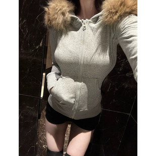 美式辣妹设计感毛毛领可拆卸卫衣外套女秋季修身收腰拉链韩系上衣
