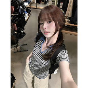 美式复古辣妹韩系条纹撞色V领POLO衫短袖T恤女夏季设计感修身上衣