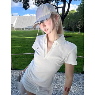 美式复古网球服运动POLO衫刺绣短袖T恤女夏季正肩V领修身显瘦上衣