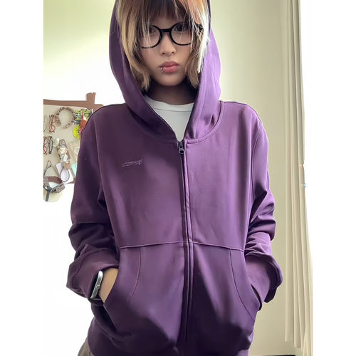 紫色连帽开衫拉链外套女春秋宽松