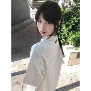 花灰色美式复古慵懒休闲字母刺绣短袖T恤女宽松高街情侣打底上衣