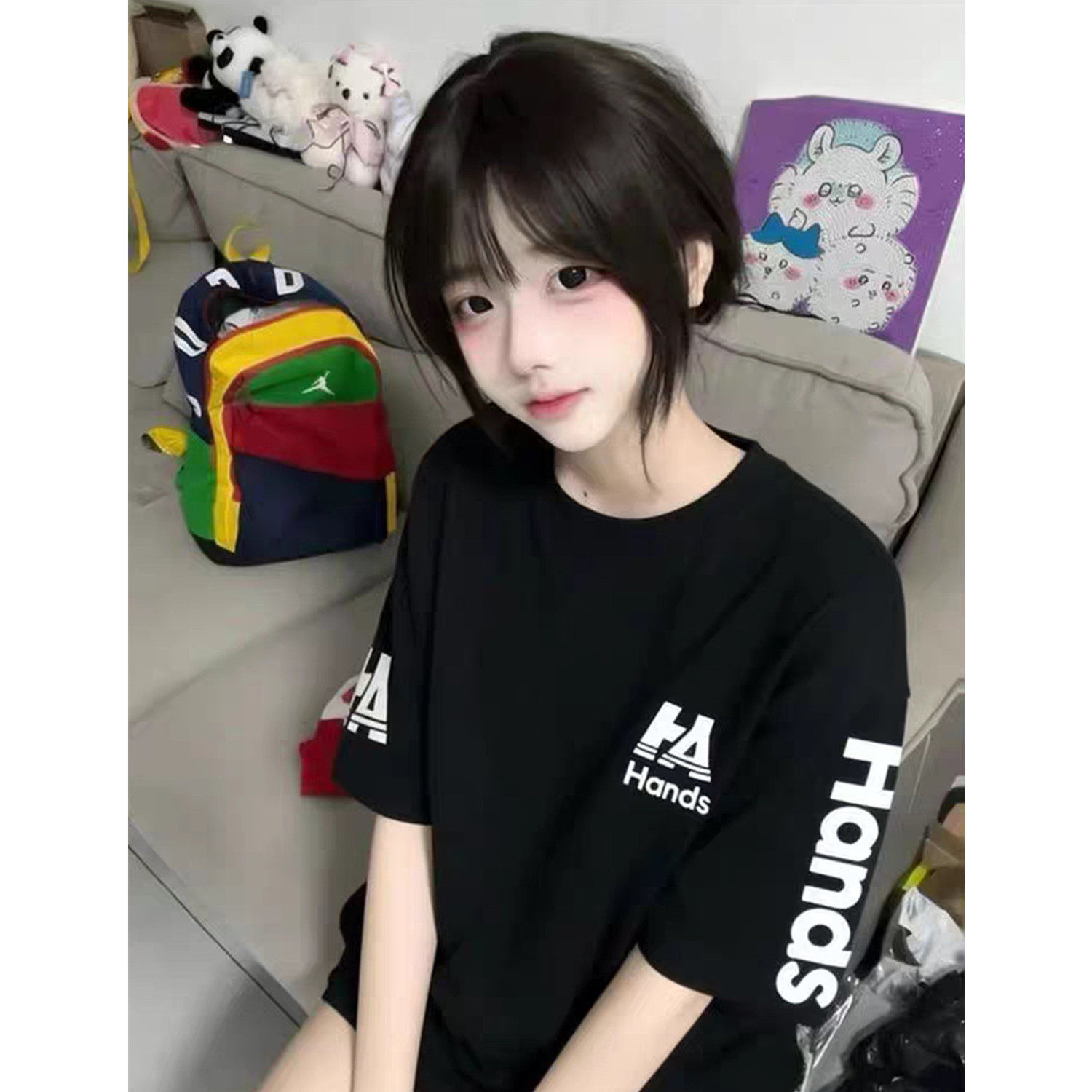 美式复古纯棉字母圆领短袖T恤女夏季学院风宽松慵懒休闲半袖上衣