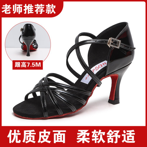 红谛莎新款拉丁舞鞋女成人黑漆皮红底软底恰恰表演高跟室内舞蹈鞋