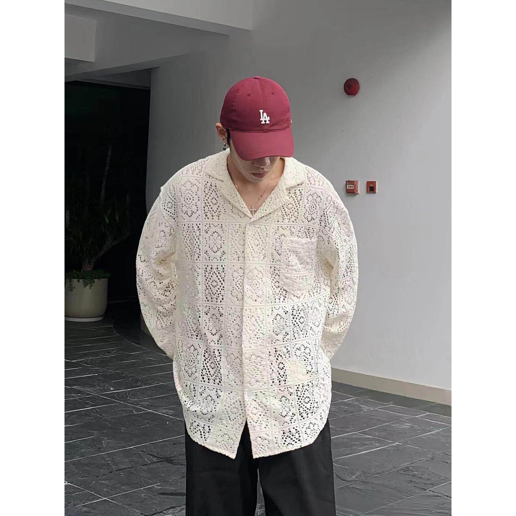 镂空高级设计感衬衫男长袖夏季薄款韩版潮流防晒痞帅蕾丝衬衣外套