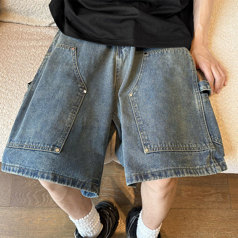 铆钉工装牛仔短裤男夏季薄款宽松直筒中裤潮牌美式水洗伐木五分裤