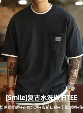 BGYO鹿起美式复古重磅水洗做旧T恤男260g纯棉口袋刺绣短袖打底衫