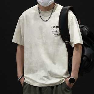 T恤男日系宽松潮牌圆领280g重磅体恤男 山系云染印花短袖 夏季 新款