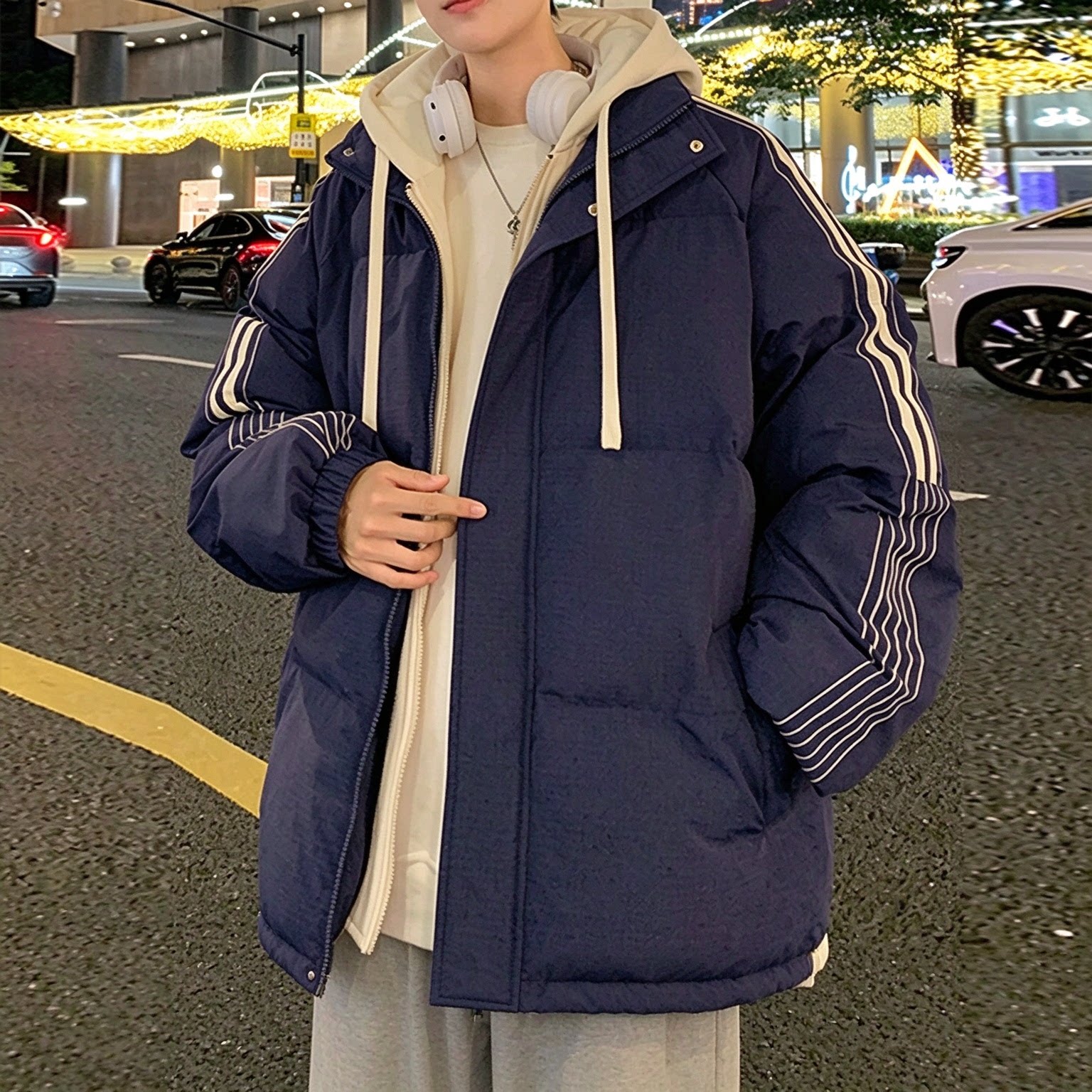 假两件连帽羽绒棉服冬季保暖条纹