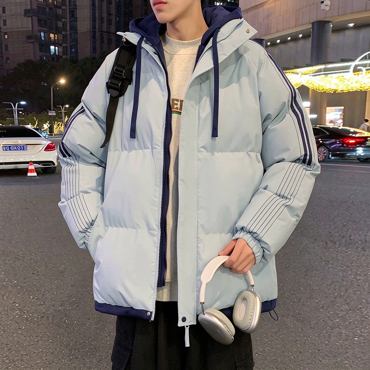 假两件连帽羽绒棉服冬季保暖条纹