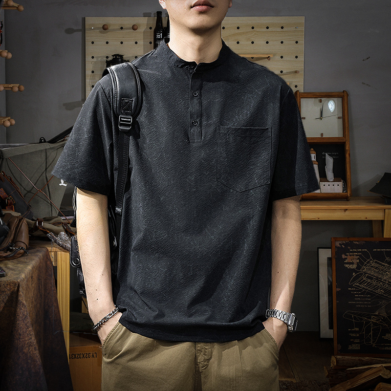 高级感美式潮牌ins亨利领短袖t恤男宽松大码百搭夏季立领半袖体恤