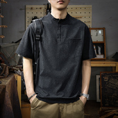 立领半袖 高级感美式 百搭夏季 t恤男宽松大码 体恤 潮牌ins亨利领短袖