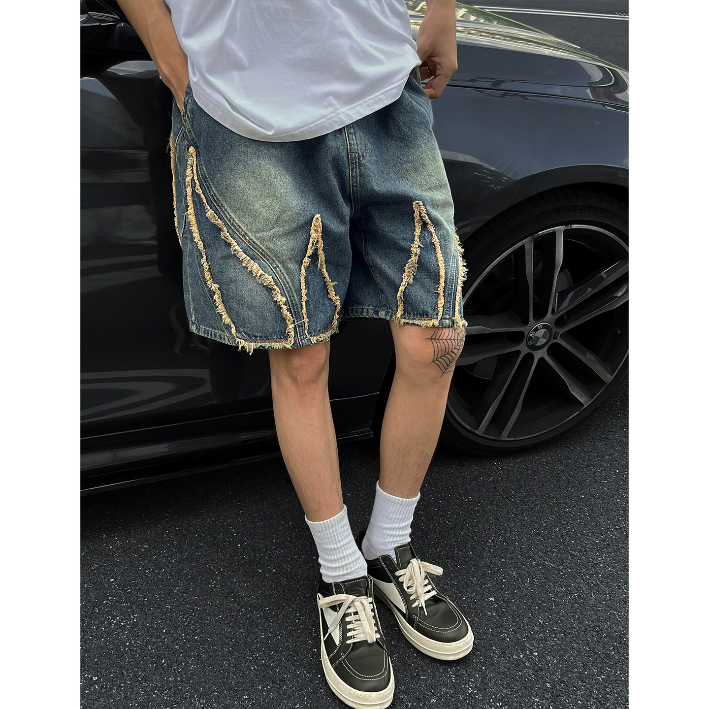 高级感潮流高街毛边牛仔短裤美式