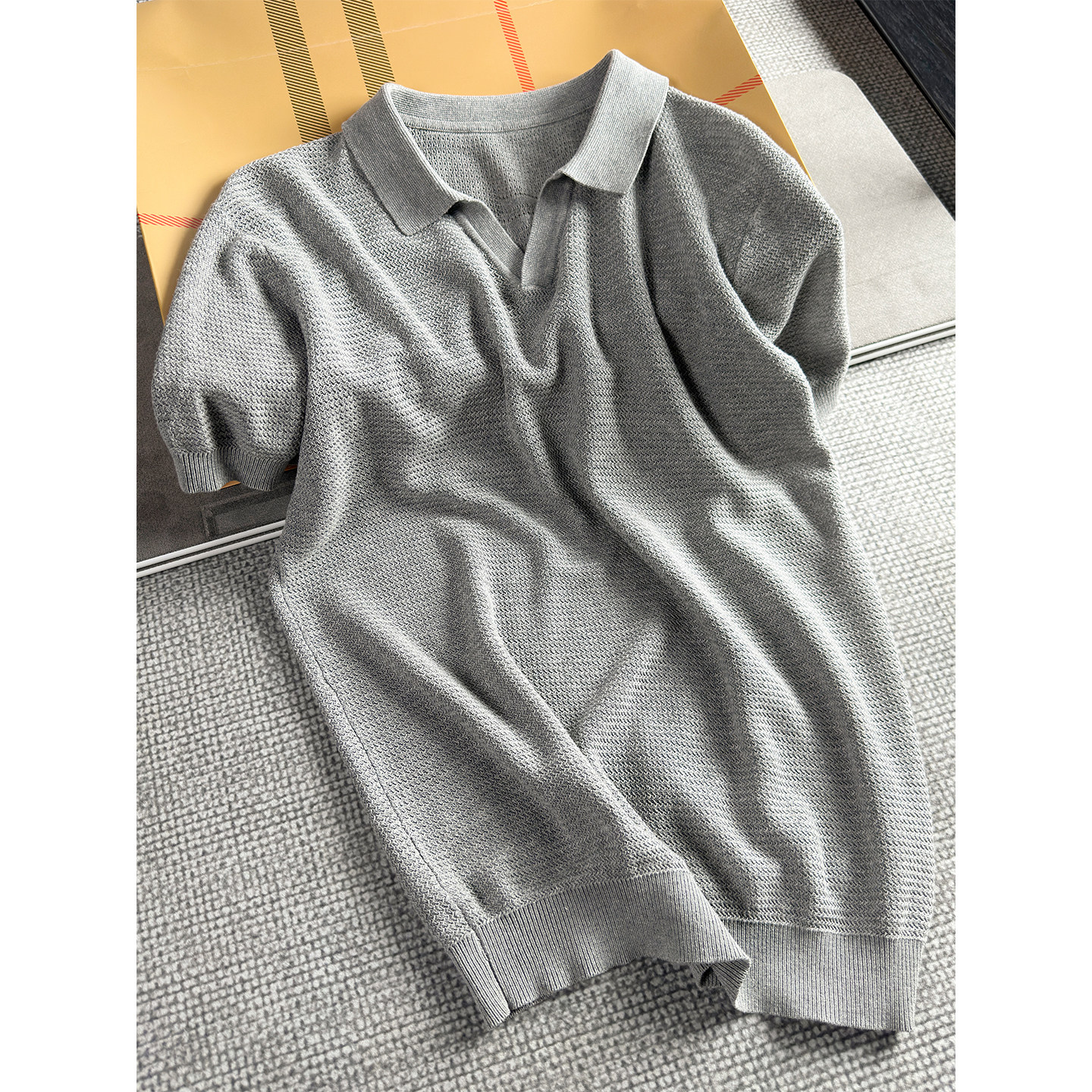 老钱风冰丝亚麻料海鸥领polo衫男