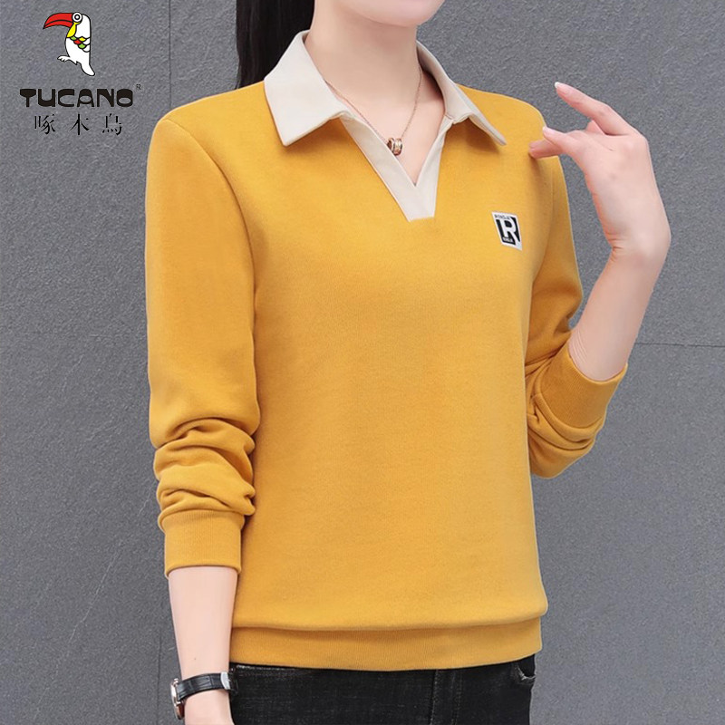 啄木鸟polo领卫衣女春秋款2024新款时尚减龄长袖t恤上衣翻领外穿