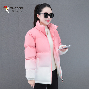 啄木鸟渐变羽绒棉服女2026冬季新款加厚宽松大码洋气棉衣外套棉袄