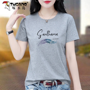 女装 啄木鸟纯棉短袖 新款 t恤女夏装 中年妈妈宽松上衣T 体恤2025夏季