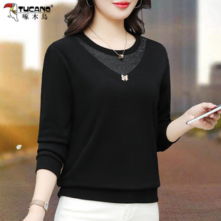 啄木鸟蕾丝打底衫长袖t恤女春秋2026新款内搭大码中老年妈妈上衣