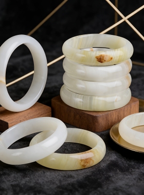 天然和田玉手镯女款阿富汗玉镯子羊脂白玉扁条宽版玉镯送女友妈妈