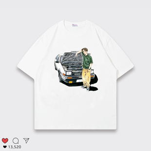 纯棉卡通ae86动漫印花短袖T恤男女宽松圆领白色上衣潮牌