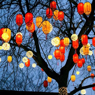 挂树上的彩灯红灯笼挂树圆球灯景观灯树灯商场道路亮化装饰氛围灯