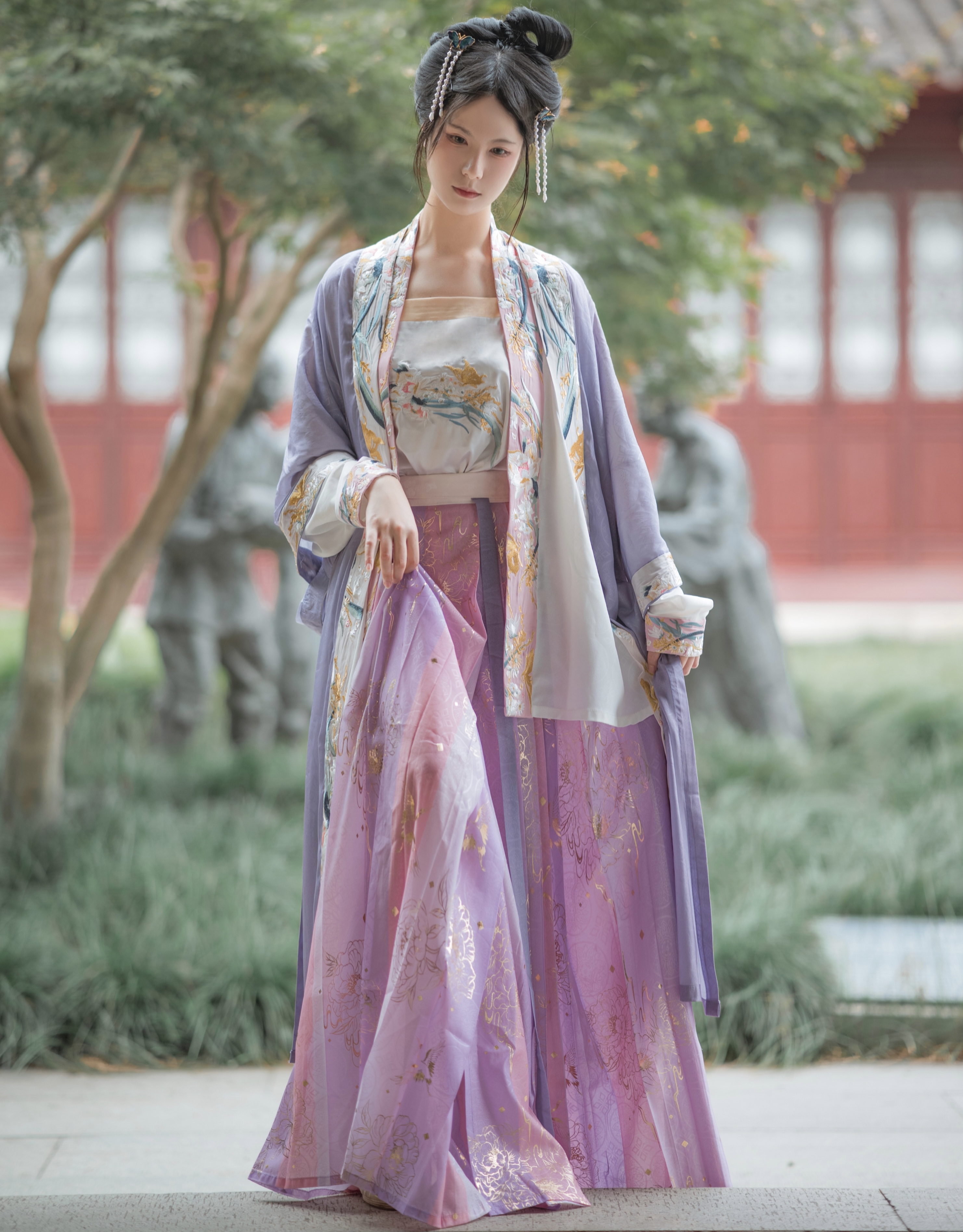 宋制汉服原创女春夏款刺绣绣花六米摆百迭裙飞机袖长干寺落日熔金