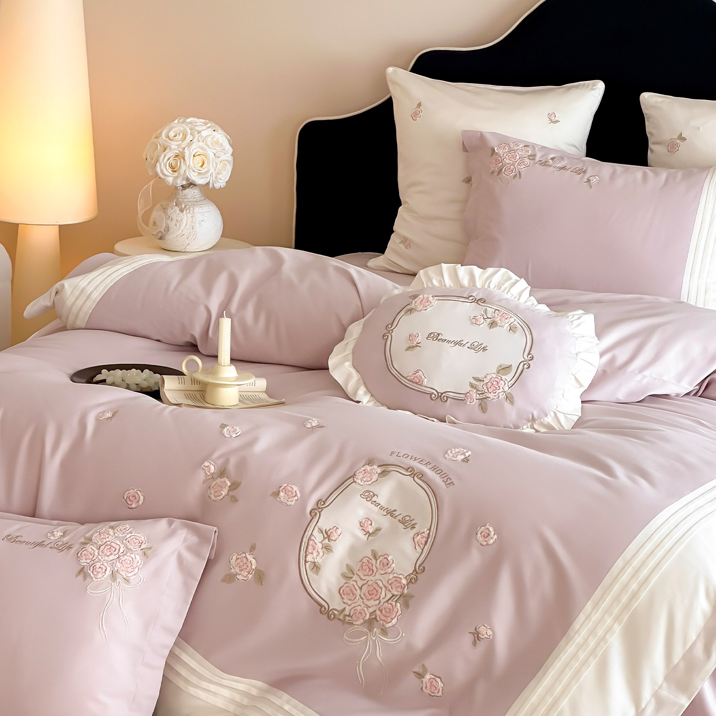 秋冬法式少女长绒棉磨毛四件套花卉刺绣被套纯棉床单加厚保暖床品