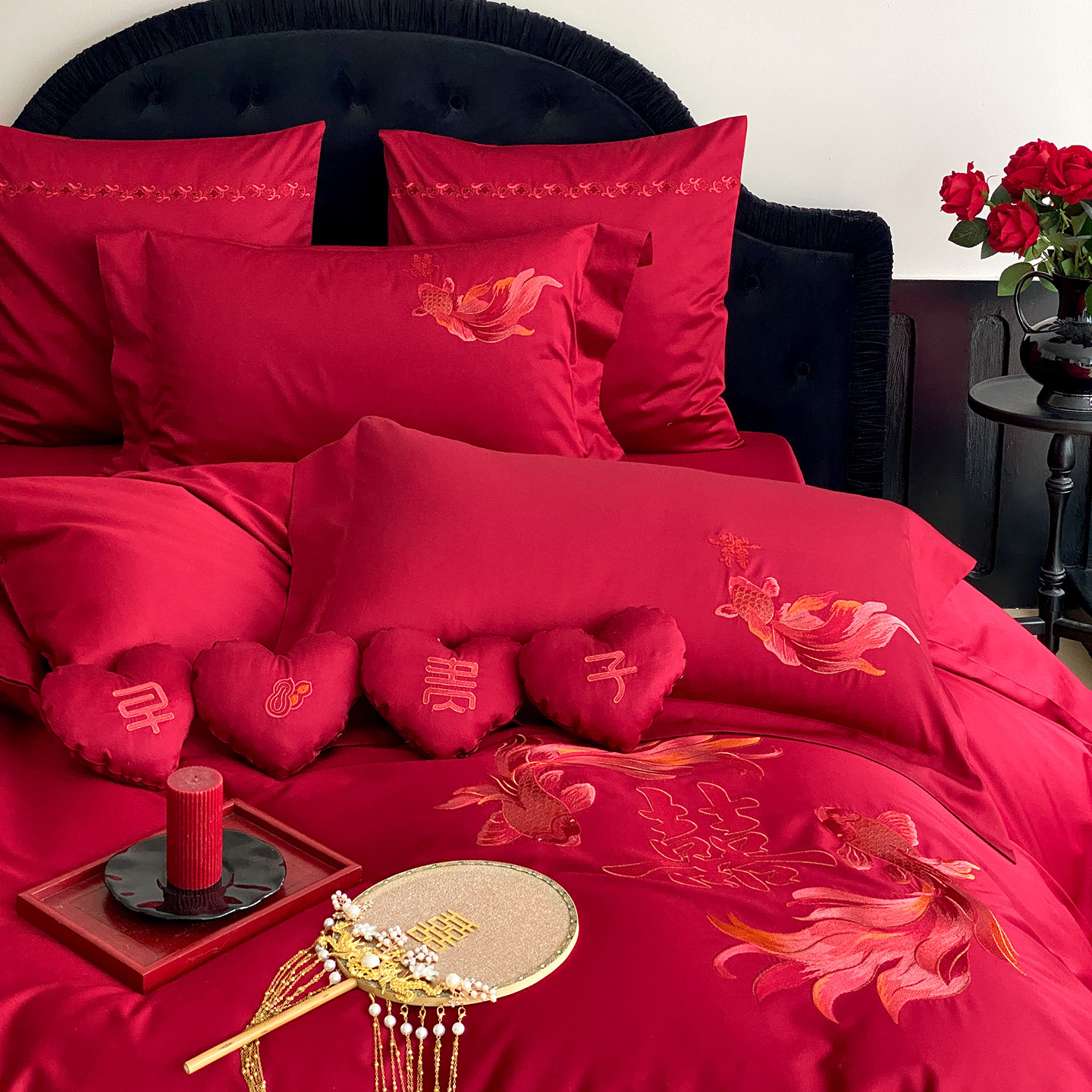 送抱枕~中式100S全棉长绒棉婚庆四件套刺绣红色被套床单结婚床品